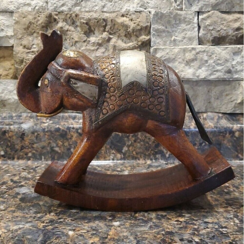 Vintage Hand Carved Wooden and Tin Rocking Elephant Figurine -9”x7”